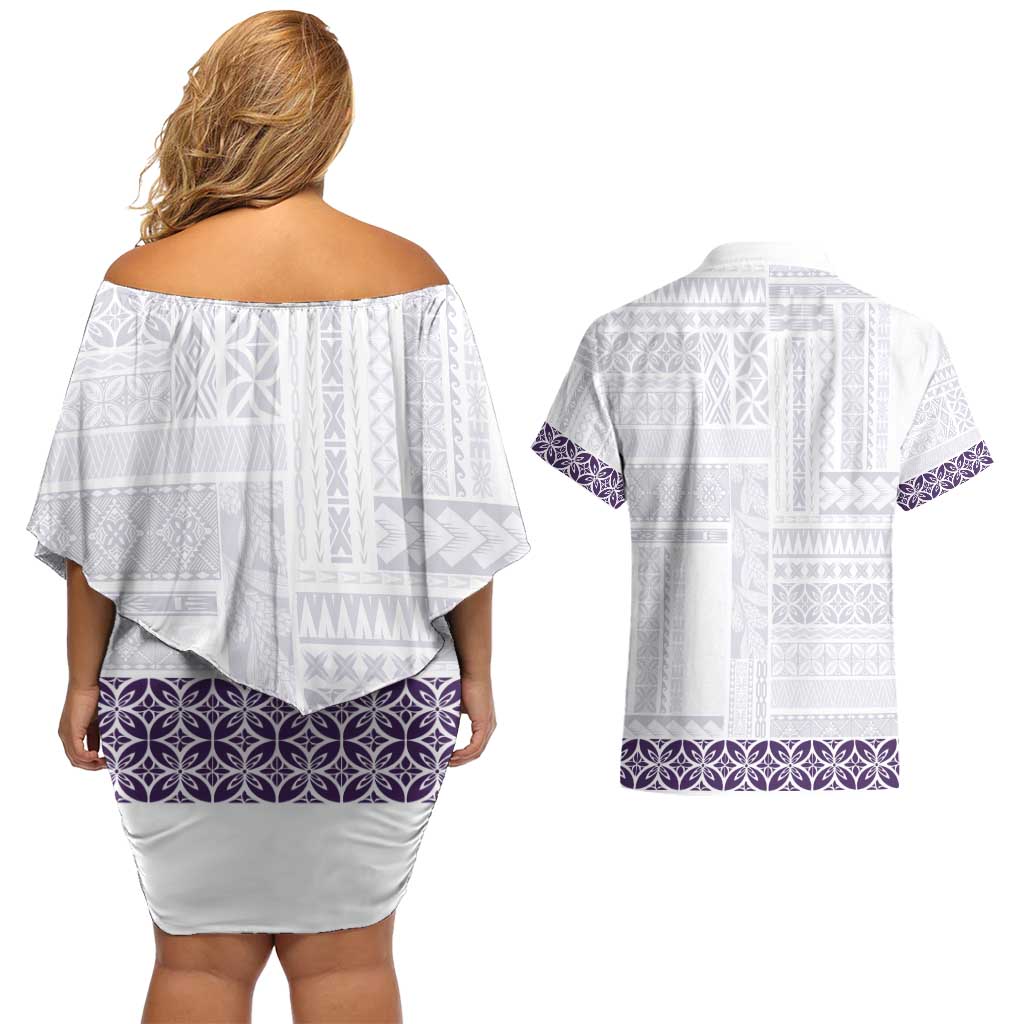 Samoa Siapo Purple Trimmed Couples Matching Off Shoulder Short Dress and Hawaiian Shirt Samoa White Sunday LT01 - Polynesian Pride