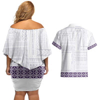 Samoa Siapo Purple Trimmed Couples Matching Off Shoulder Short Dress and Hawaiian Shirt Samoa White Sunday LT01 - Polynesian Pride