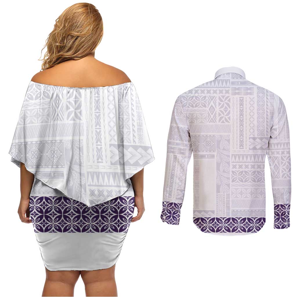 Samoa Siapo Purple Trimmed Couples Matching Off Shoulder Short Dress and Long Sleeve Button Shirt Samoa White Sunday - Polynesian Pride
