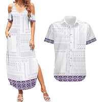 Samoa Siapo Purple Trimmed Couples Matching Summer Maxi Dress and Hawaiian Shirt Samoa White Sunday - Polynesian Pride
