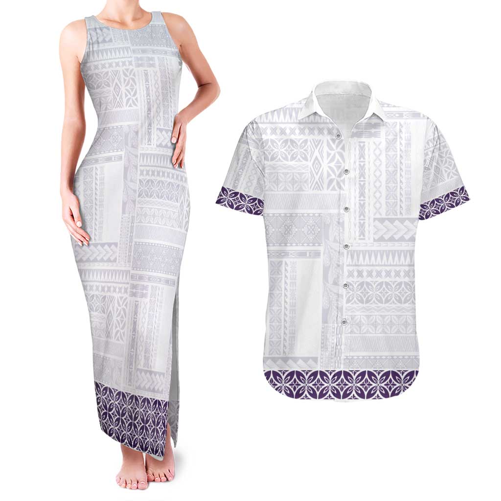 Samoa Siapo Purple Trimmed Couples Matching Tank Maxi Dress and Hawaiian Shirt Samoa White Sunday - Polynesian Pride
