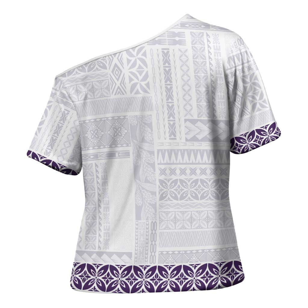 Samoa Siapo Purple Trimmed Cross Shoulder Shirt Samoa White Sunday - Polynesian Pride