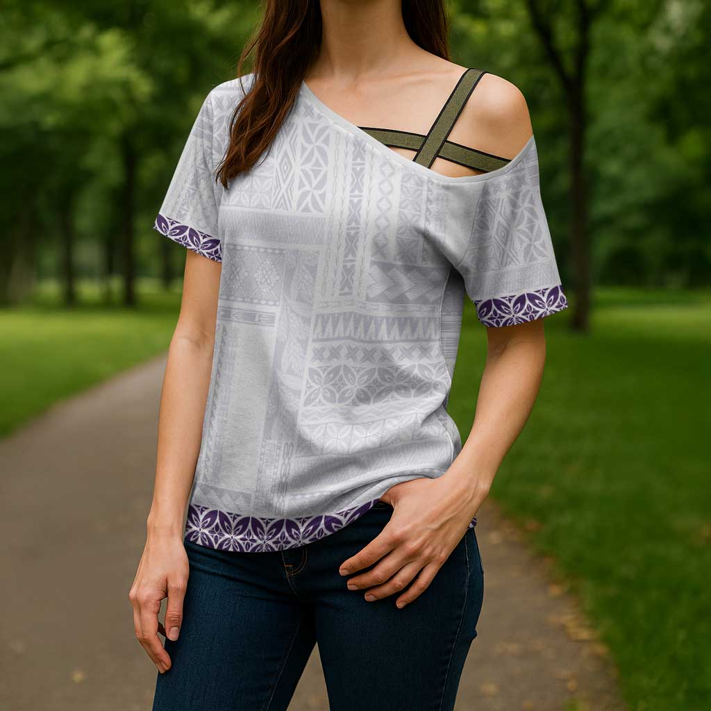 Samoa Siapo Purple Trimmed Cross Shoulder Shirt Samoa White Sunday - Polynesian Pride