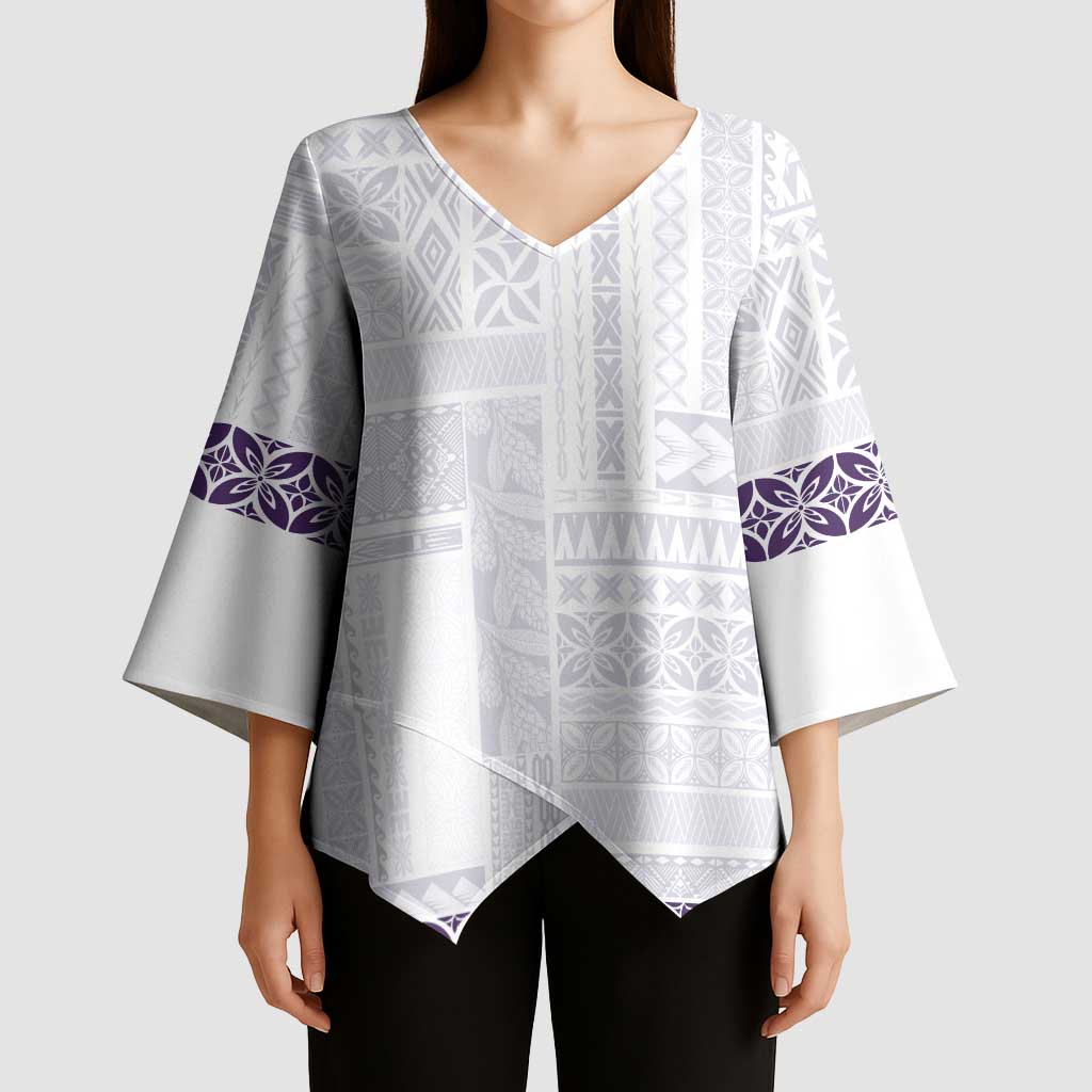 Samoa Siapo Purple Trimmed Kimono Sleeve Blouse Samoa White Sunday - Polynesian Pride