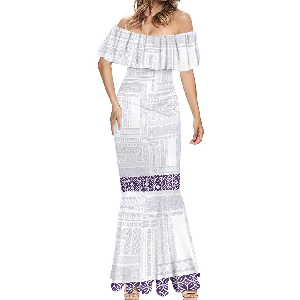 Samoa Siapo Purple Trimmed Mermaid Dress Samoa White Sunday - Polynesian Pride