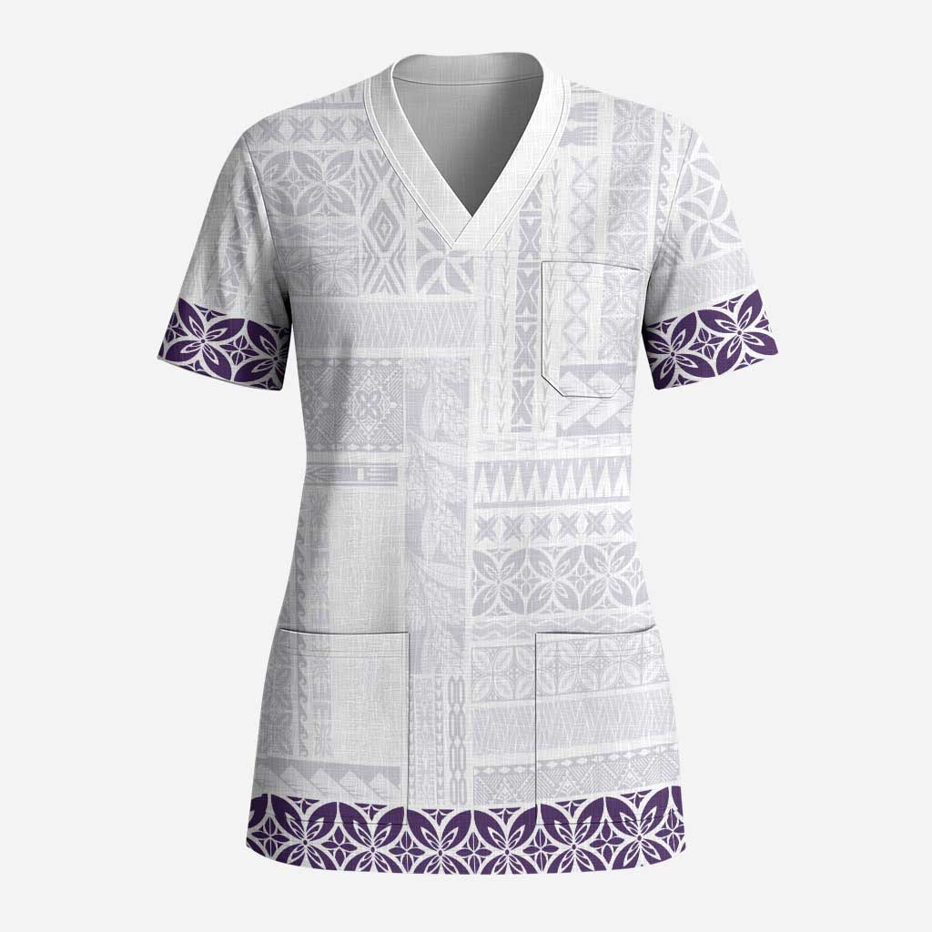 Samoa Siapo Purple Trimmed Scrub Top Samoa White Sunday - Polynesian Pride