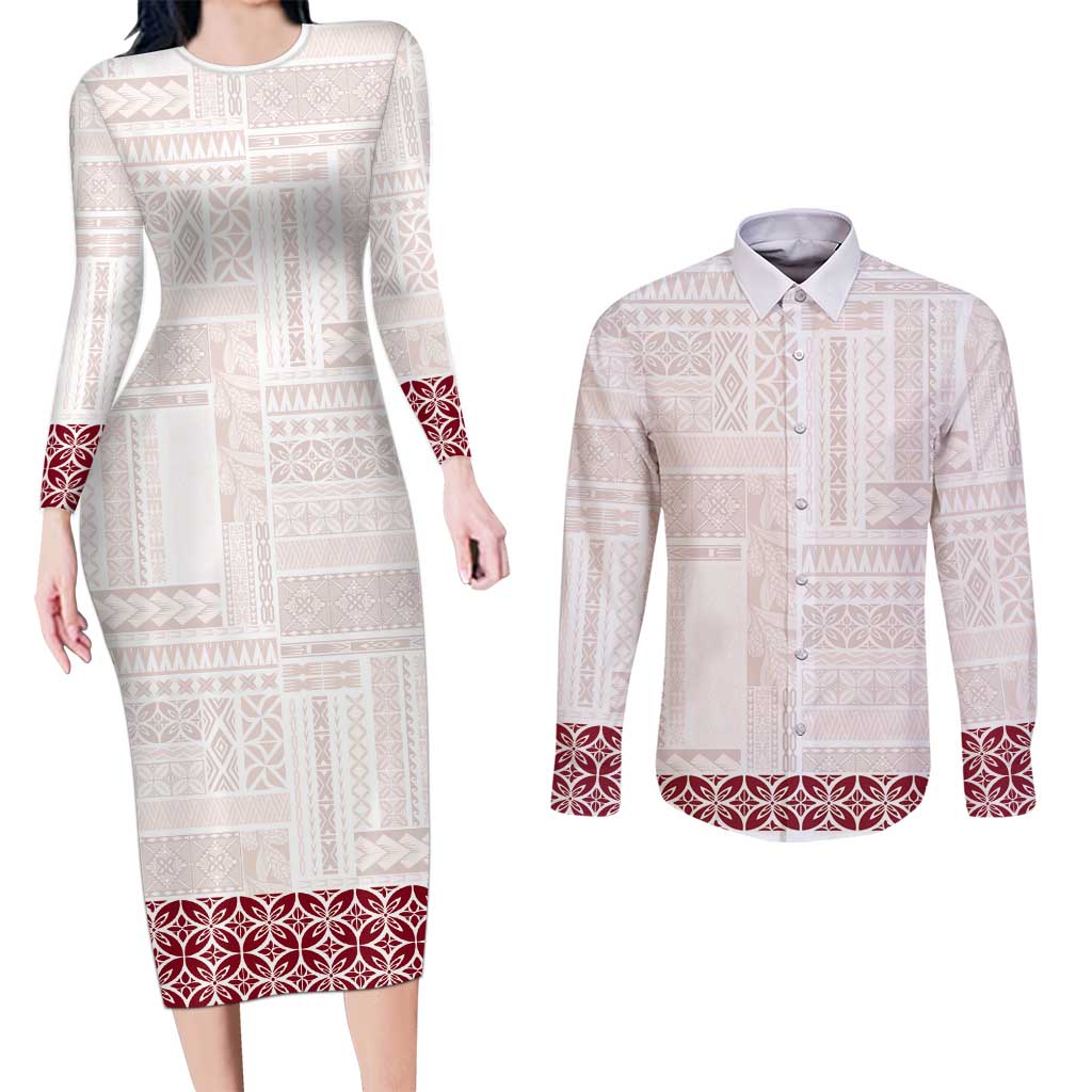 Samoa Siapo Red Trimmed Couples Matching Long Sleeve Bodycon Dress and Long Sleeve Button Shirt Samoa White Sunday - Polynesian Pride