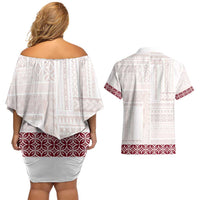 Samoa Siapo Red Trimmed Couples Matching Off Shoulder Short Dress and Hawaiian Shirt Samoa White Sunday - Polynesian Pride