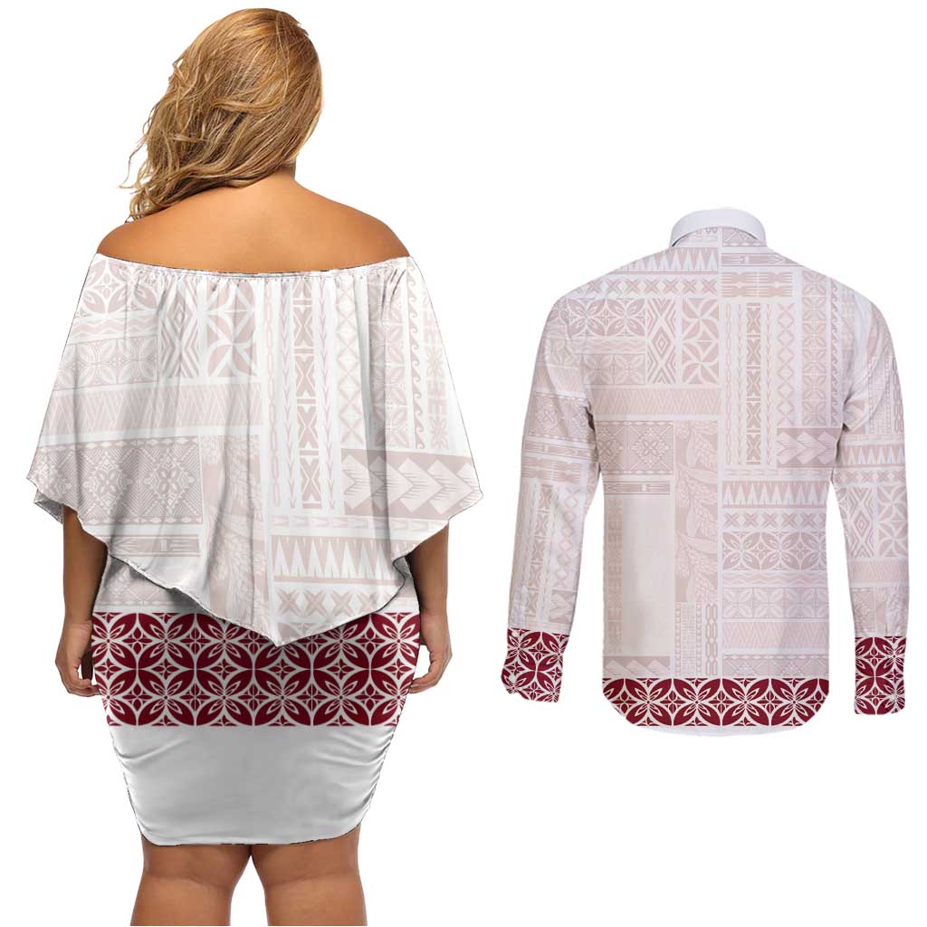Samoa Siapo Red Trimmed Couples Matching Off Shoulder Short Dress and Long Sleeve Button Shirt Samoa White Sunday - Polynesian Pride