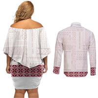 Samoa Siapo Red Trimmed Couples Matching Off Shoulder Short Dress and Long Sleeve Button Shirt Samoa White Sunday - Polynesian Pride