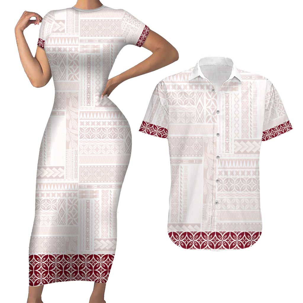 Samoa Siapo Red Trimmed Couples Matching Short Sleeve Bodycon Dress and Hawaiian Shirt Samoa White Sunday - Polynesian Pride