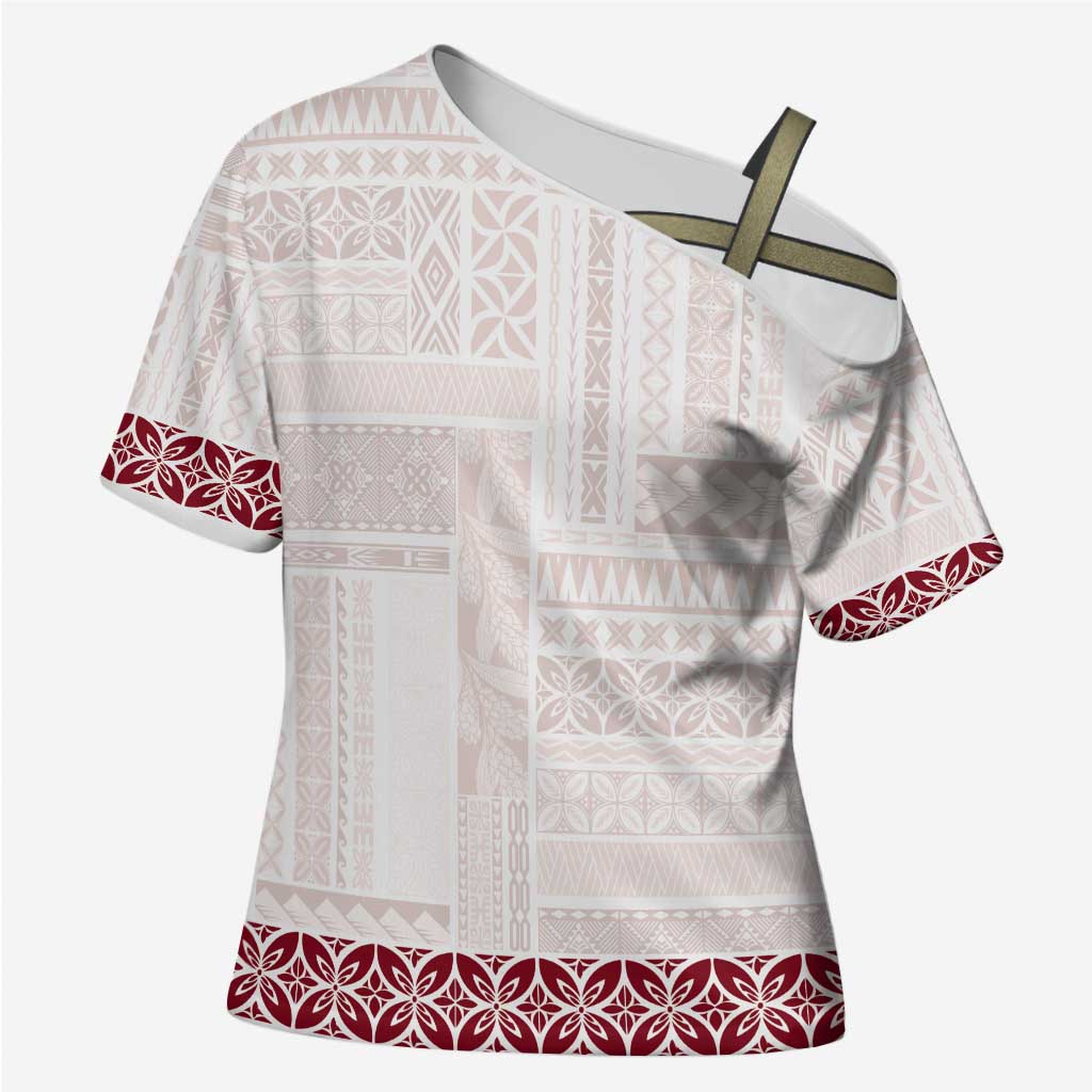 Samoa Siapo Red Trimmed Cross Shoulder Shirt Samoa White Sunday LT01 Female Red - Polynesian Pride