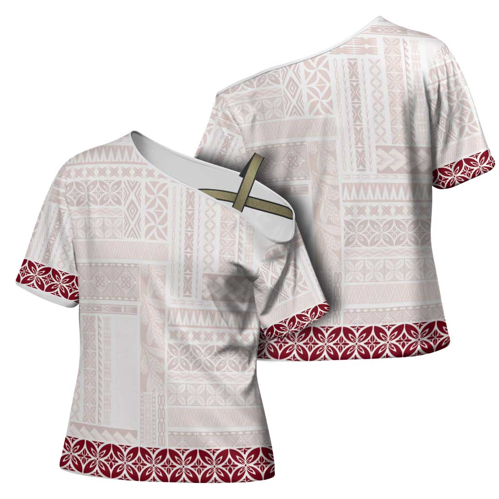Samoa Siapo Red Trimmed Cross Shoulder Shirt Samoa White Sunday LT01 - Polynesian Pride
