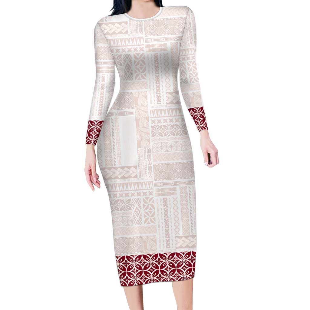 Samoa Siapo Red Trimmed Family Matching Long Sleeve Bodycon Dress and Hawaiian Shirt Samoa White Sunday - Polynesian Pride