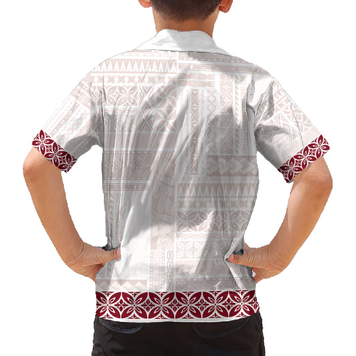 Samoa Siapo Red Trimmed Family Matching Off The Shoulder Long Sleeve Dress and Hawaiian Shirt Samoa White Sunday - Polynesian Pride
