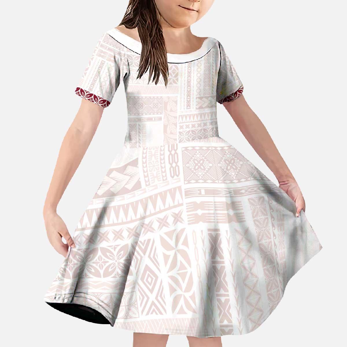 Samoa Siapo Red Trimmed Family Matching Off The Shoulder Long Sleeve Dress and Hawaiian Shirt Samoa White Sunday - Polynesian Pride