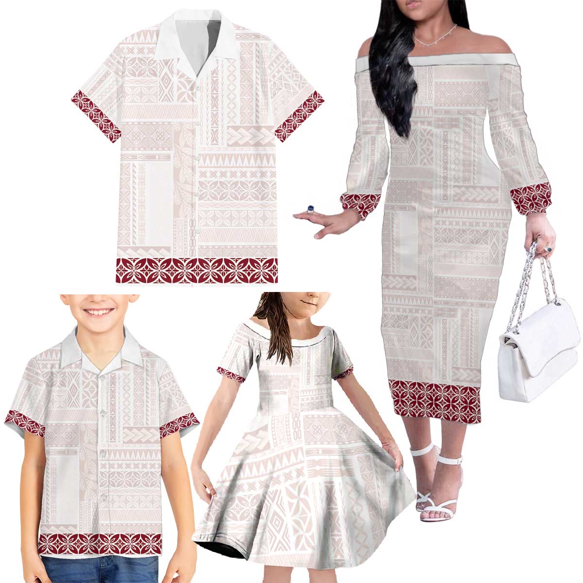 Samoa Siapo Red Trimmed Family Matching Off The Shoulder Long Sleeve Dress and Hawaiian Shirt Samoa White Sunday - Polynesian Pride
