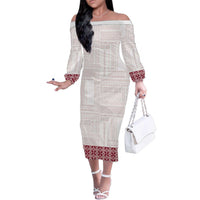 Samoa Siapo Red Trimmed Family Matching Off The Shoulder Long Sleeve Dress and Hawaiian Shirt Samoa White Sunday - Polynesian Pride