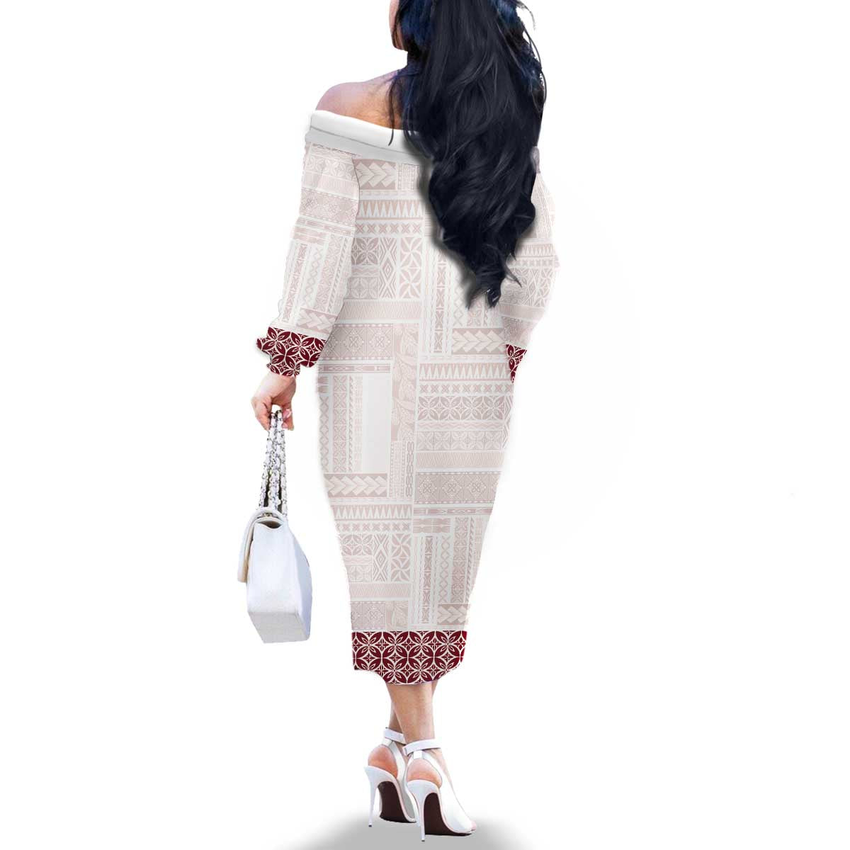 Samoa Siapo Red Trimmed Family Matching Off The Shoulder Long Sleeve Dress and Hawaiian Shirt Samoa White Sunday - Polynesian Pride