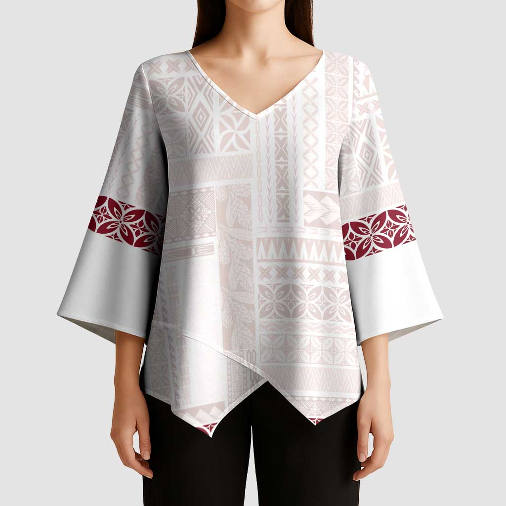 Samoa Siapo Red Trimmed Kimono Sleeve Blouse Samoa White Sunday - Polynesian Pride