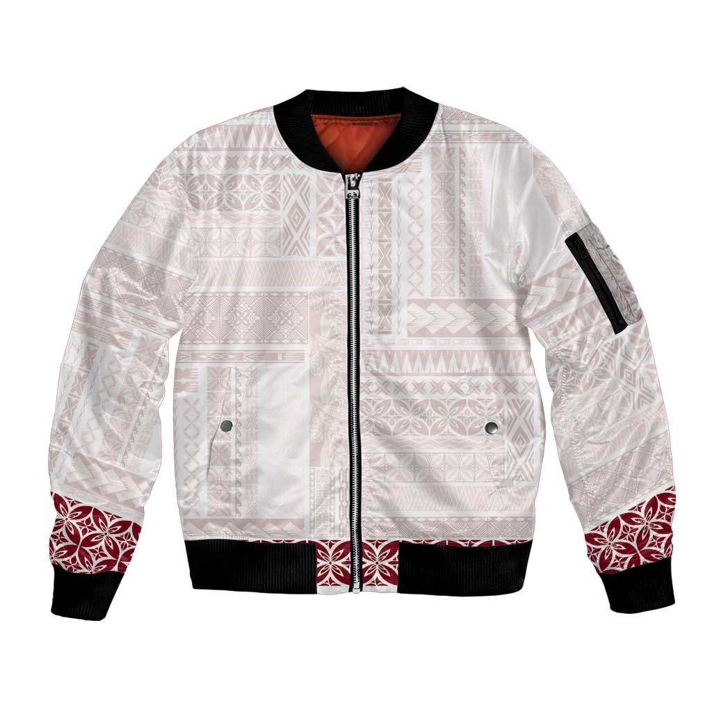 Samoa Siapo Red Trimmed Sleeve Zip Bomber Jacket Samoa White Sunday - Polynesian Pride