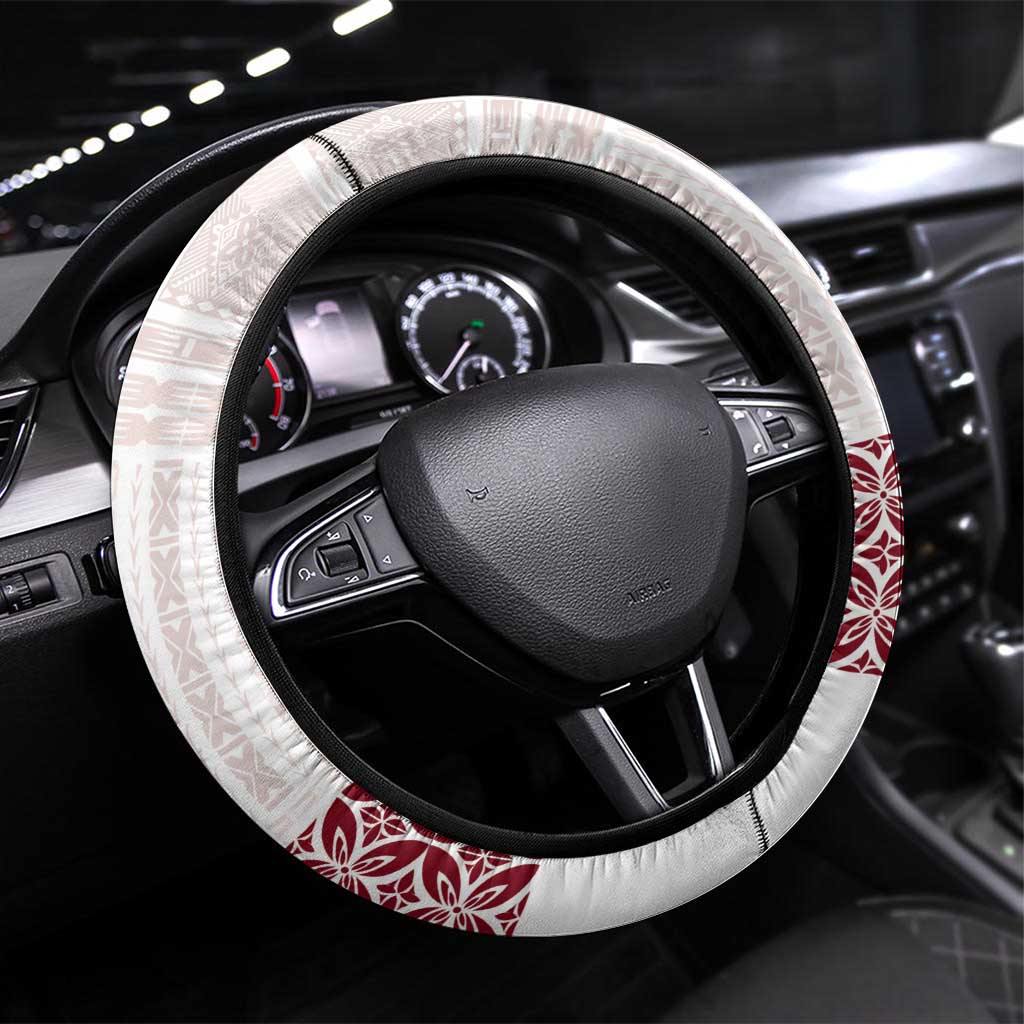 Samoa Siapo Red Trimmed Steering Wheel Cover Samoa White Sunday - Polynesian Pride