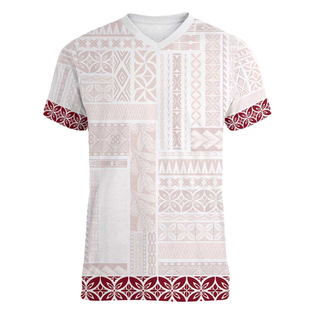 Samoa Siapo Red Trimmed Women V-Neck T-Shirt Samoa White Sunday - Polynesian Pride