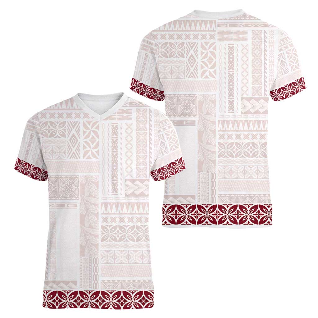 Samoa Siapo Red Trimmed Women V-Neck T-Shirt Samoa White Sunday - Polynesian Pride