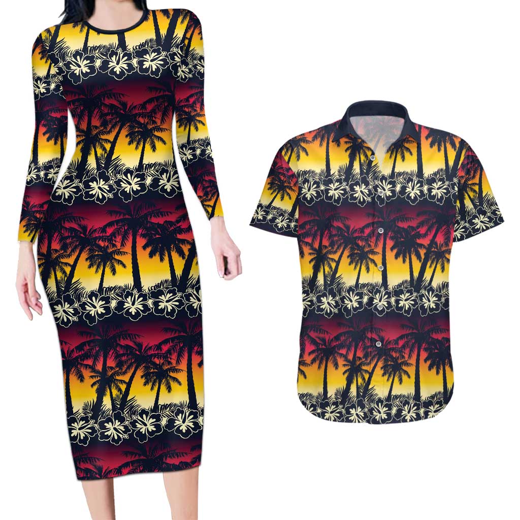 Hawaii Hibiscus Palm Tree Sunset Couples Matching Long Sleeve Bodycon Dress and Hawaiian Shirt Tropical Style - Polynesian Pride