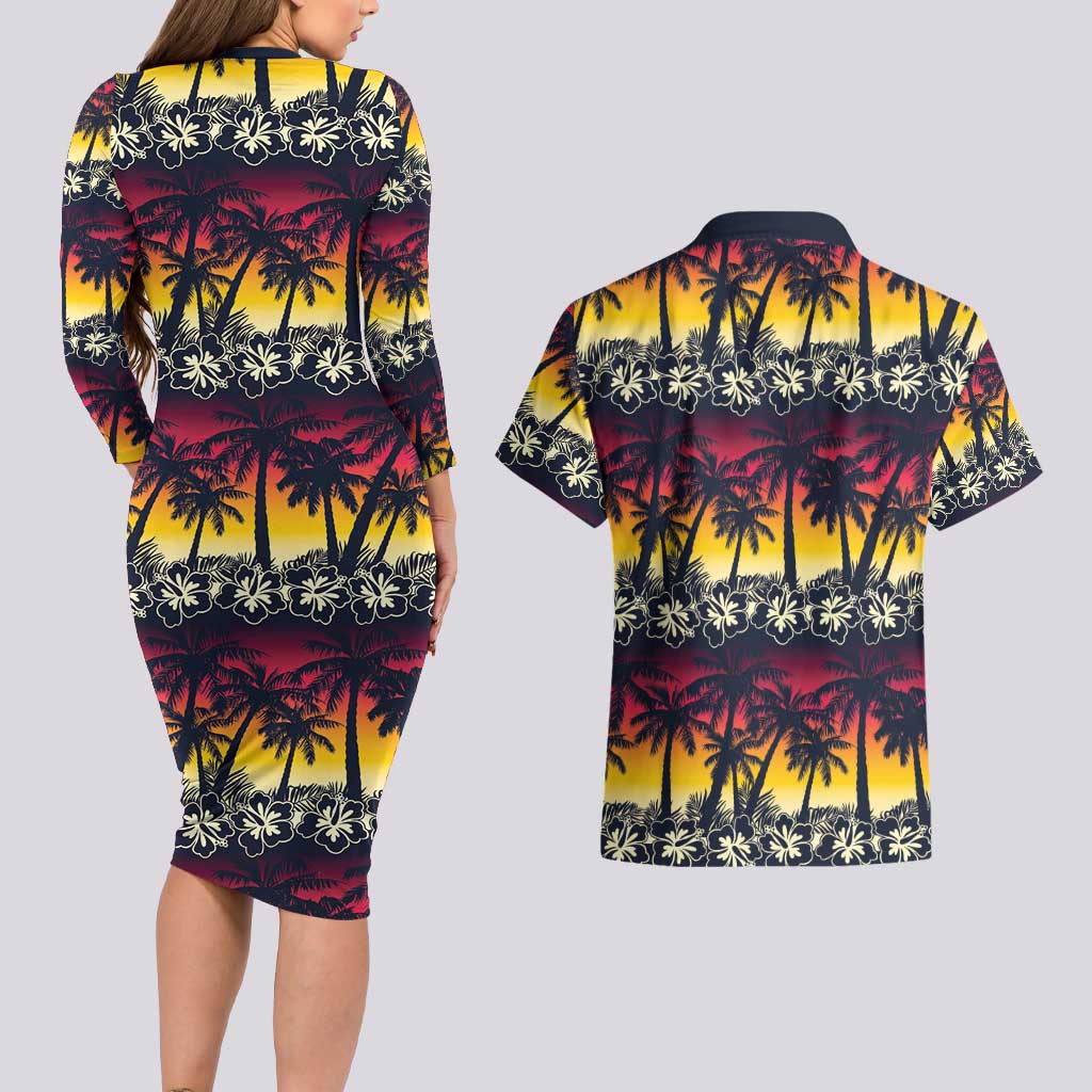 Hawaii Hibiscus Palm Tree Sunset Couples Matching Long Sleeve Bodycon Dress and Hawaiian Shirt Tropical Style - Polynesian Pride