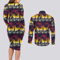 Hawaii Hibiscus Palm Tree Sunset Couples Matching Long Sleeve Bodycon Dress and Long Sleeve Button Shirt Tropical Style - Polynesian Pride