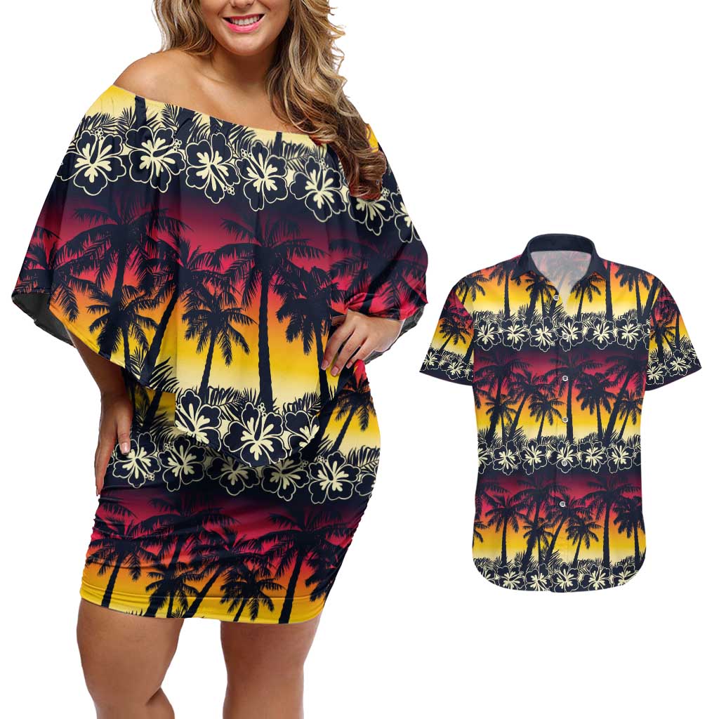 Hawaii Hibiscus Palm Tree Sunset Couples Matching Off Shoulder Short Dress and Hawaiian Shirt Tropical Style - Polynesian Pride