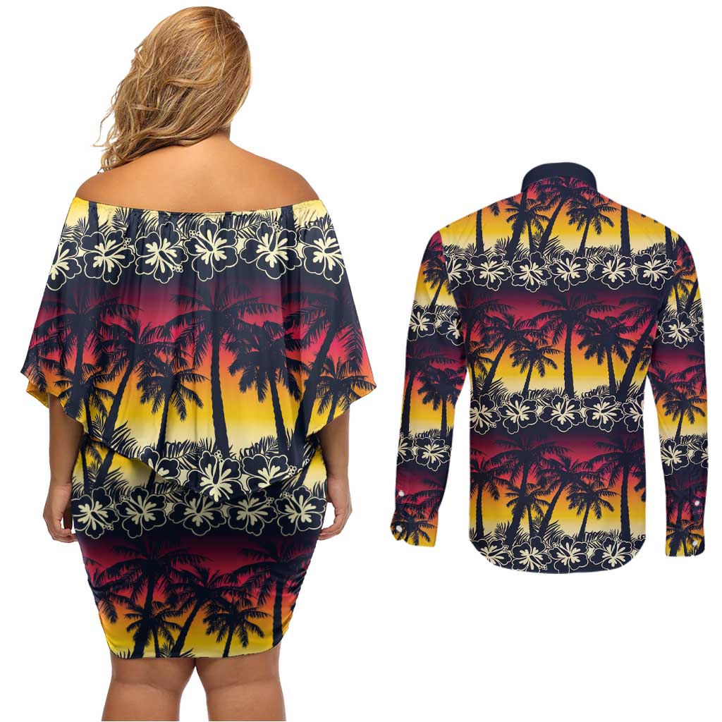 Hawaii Hibiscus Palm Tree Sunset Couples Matching Off Shoulder Short Dress and Long Sleeve Button Shirt Tropical Style - Polynesian Pride