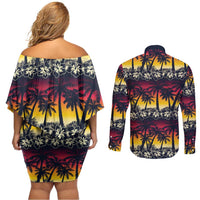 Hawaii Hibiscus Palm Tree Sunset Couples Matching Off Shoulder Short Dress and Long Sleeve Button Shirt Tropical Style - Polynesian Pride