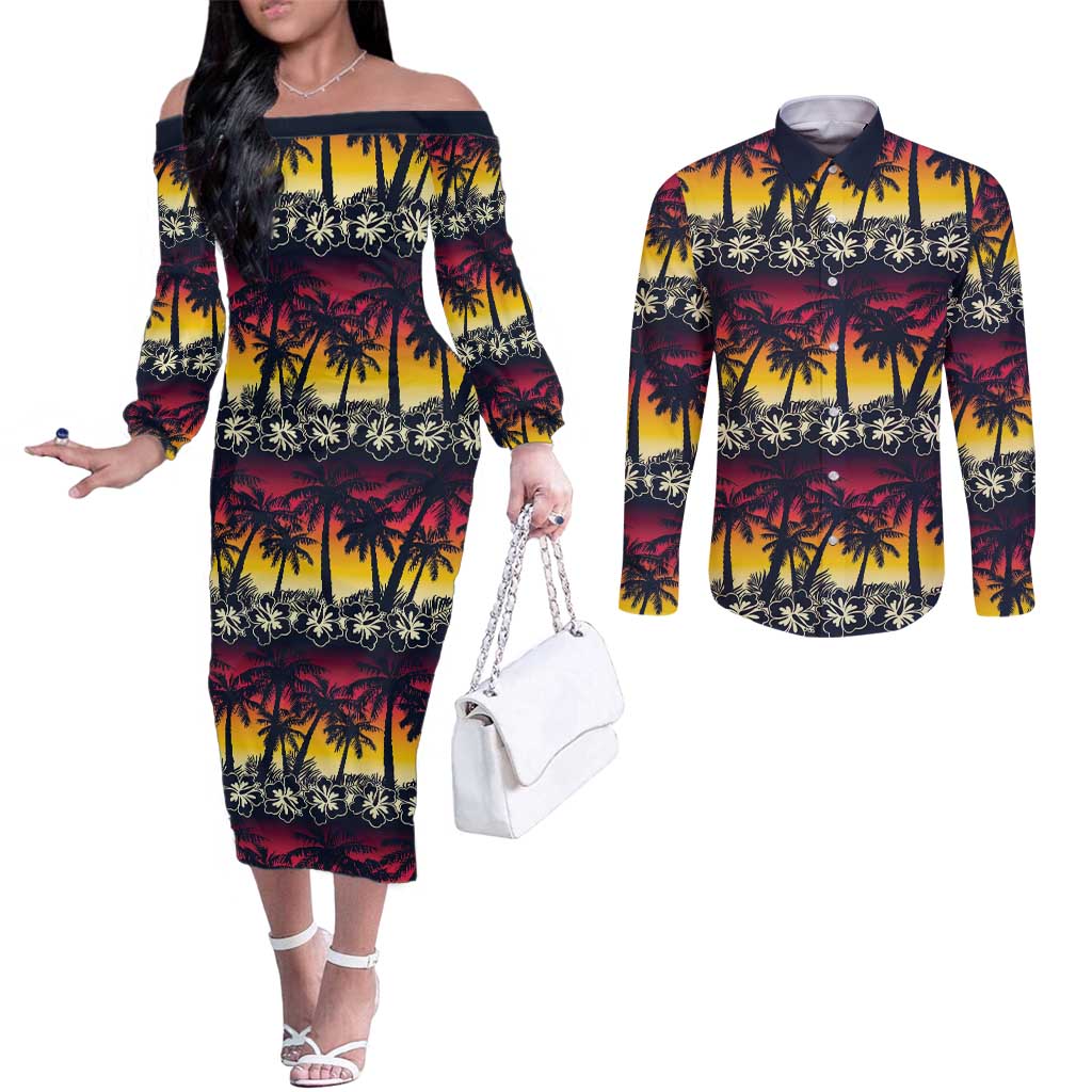 Hawaii Hibiscus Palm Tree Sunset Couples Matching Off The Shoulder Long Sleeve Dress and Long Sleeve Button Shirt Tropical Style - Polynesian Pride