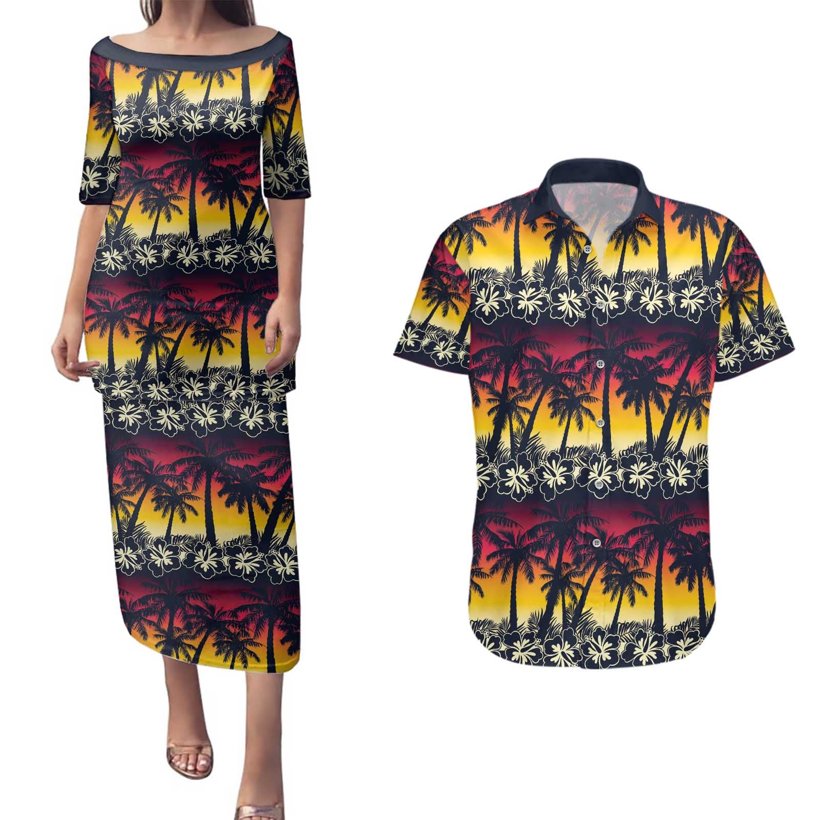 Hawaii Hibiscus Palm Tree Sunset Couples Matching Puletasi and Hawaiian Shirt Tropical Style - Polynesian Pride