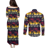 Hawaii Hibiscus Palm Tree Sunset Couples Matching Puletasi and Long Sleeve Button Shirt Tropical Style - Polynesian Pride