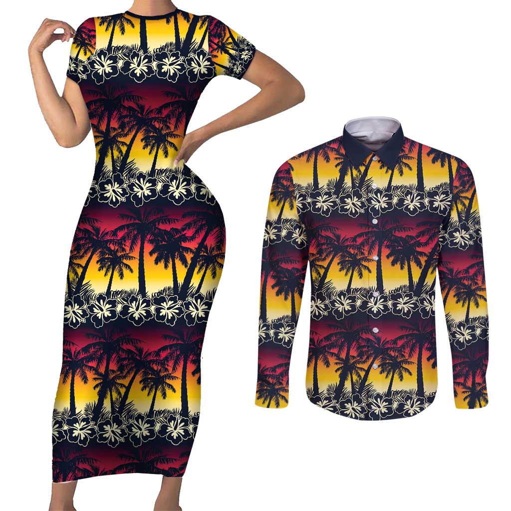 Hawaii Hibiscus Palm Tree Sunset Couples Matching Short Sleeve Bodycon Dress and Long Sleeve Button Shirt Tropical Style - Polynesian Pride