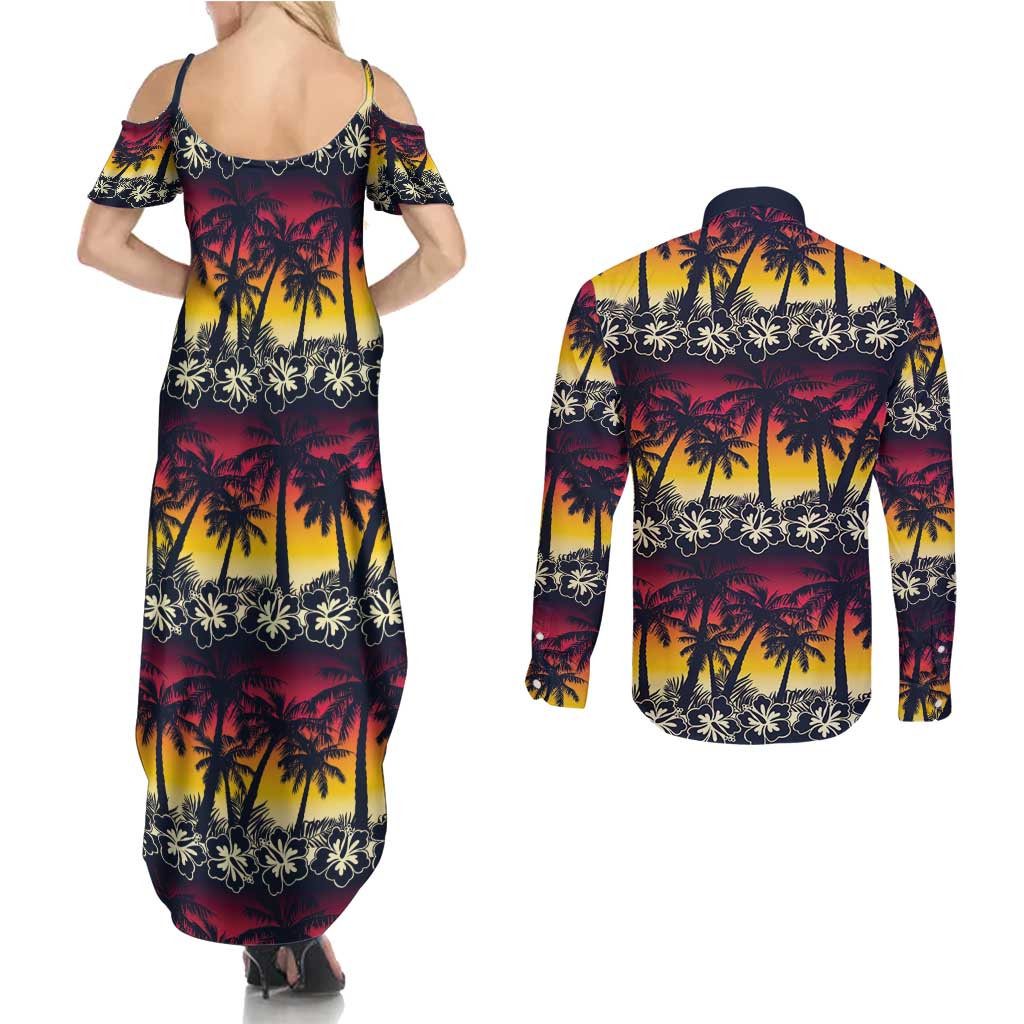 Hawaii Hibiscus Palm Tree Sunset Couples Matching Summer Maxi Dress and Long Sleeve Button Shirt Tropical Style - Polynesian Pride