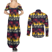 Hawaii Hibiscus Palm Tree Sunset Couples Matching Summer Maxi Dress and Long Sleeve Button Shirt Tropical Style - Polynesian Pride
