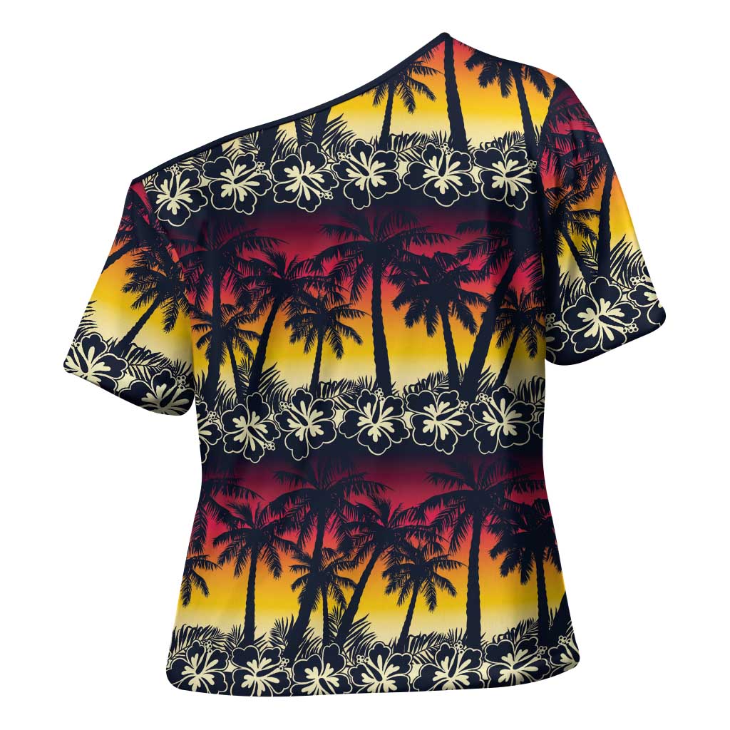 Hawaii Hibiscus Palm Tree Sunset Cross Shoulder Shirt Tropical Style - Polynesian Pride