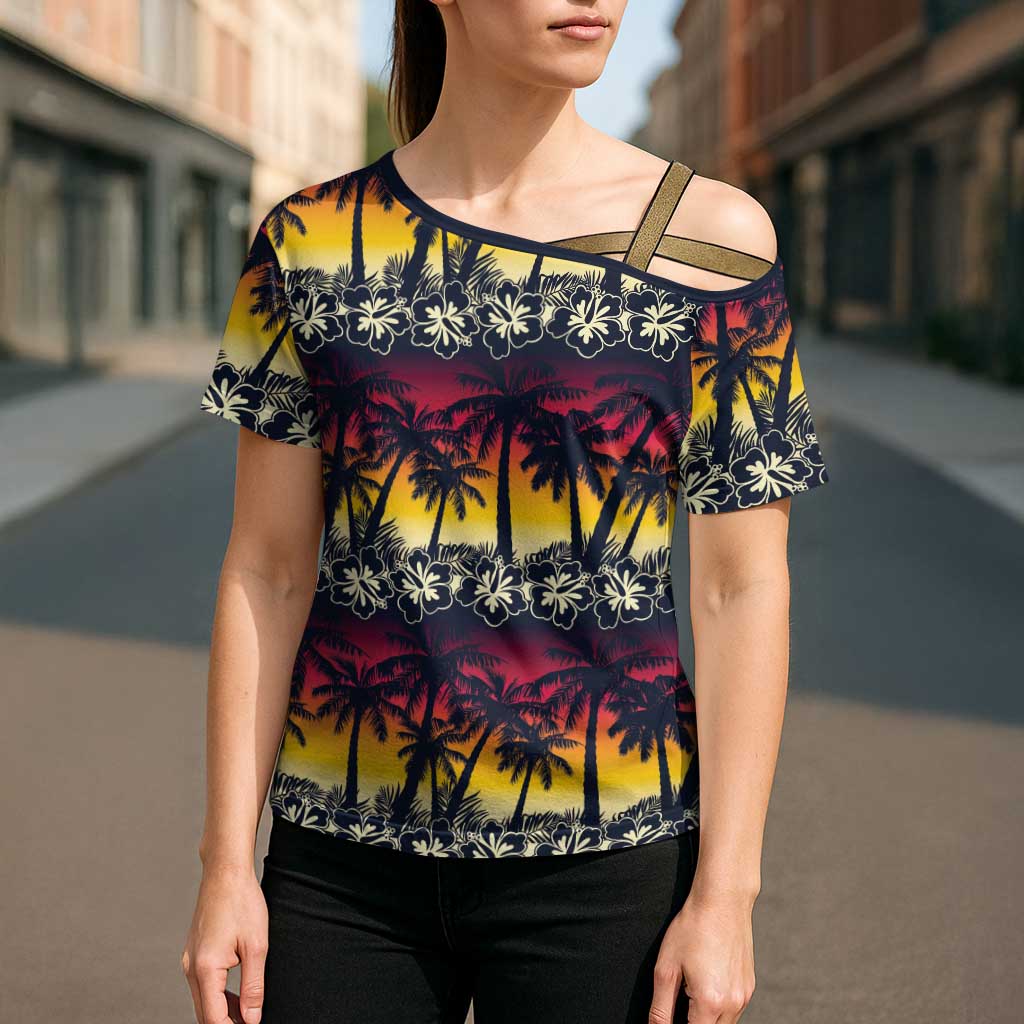 Hawaii Hibiscus Palm Tree Sunset Cross Shoulder Shirt Tropical Style - Polynesian Pride