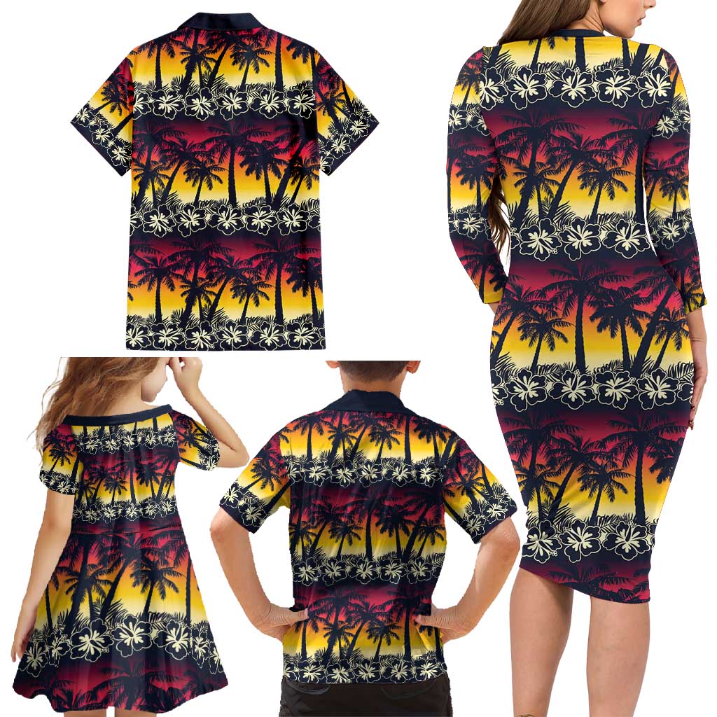 Hawaii Hibiscus Palm Tree Sunset Family Matching Long Sleeve Bodycon Dress and Hawaiian Shirt Tropical Style - Polynesian Pride