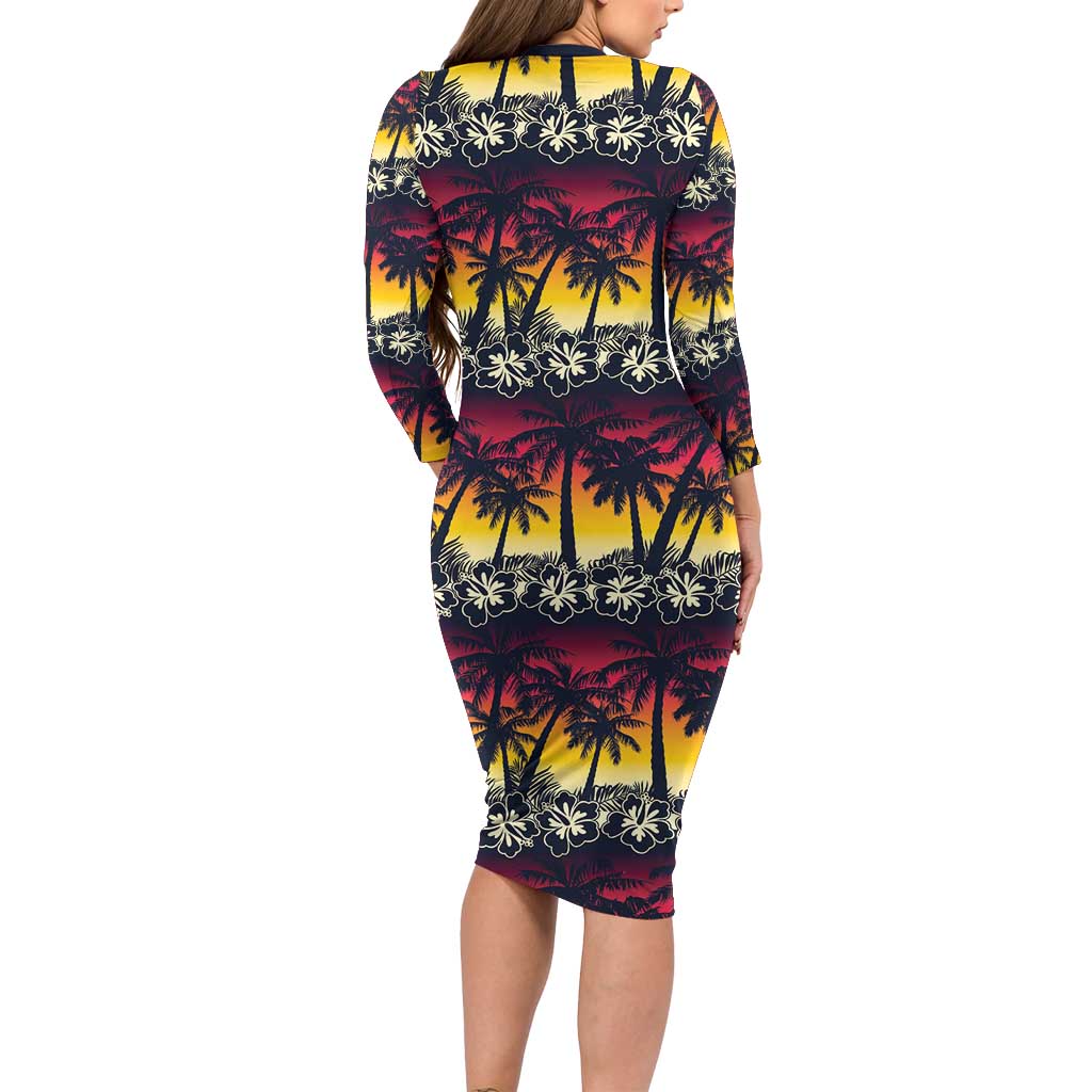 Hawaii Hibiscus Palm Tree Sunset Family Matching Long Sleeve Bodycon Dress and Hawaiian Shirt Tropical Style - Polynesian Pride
