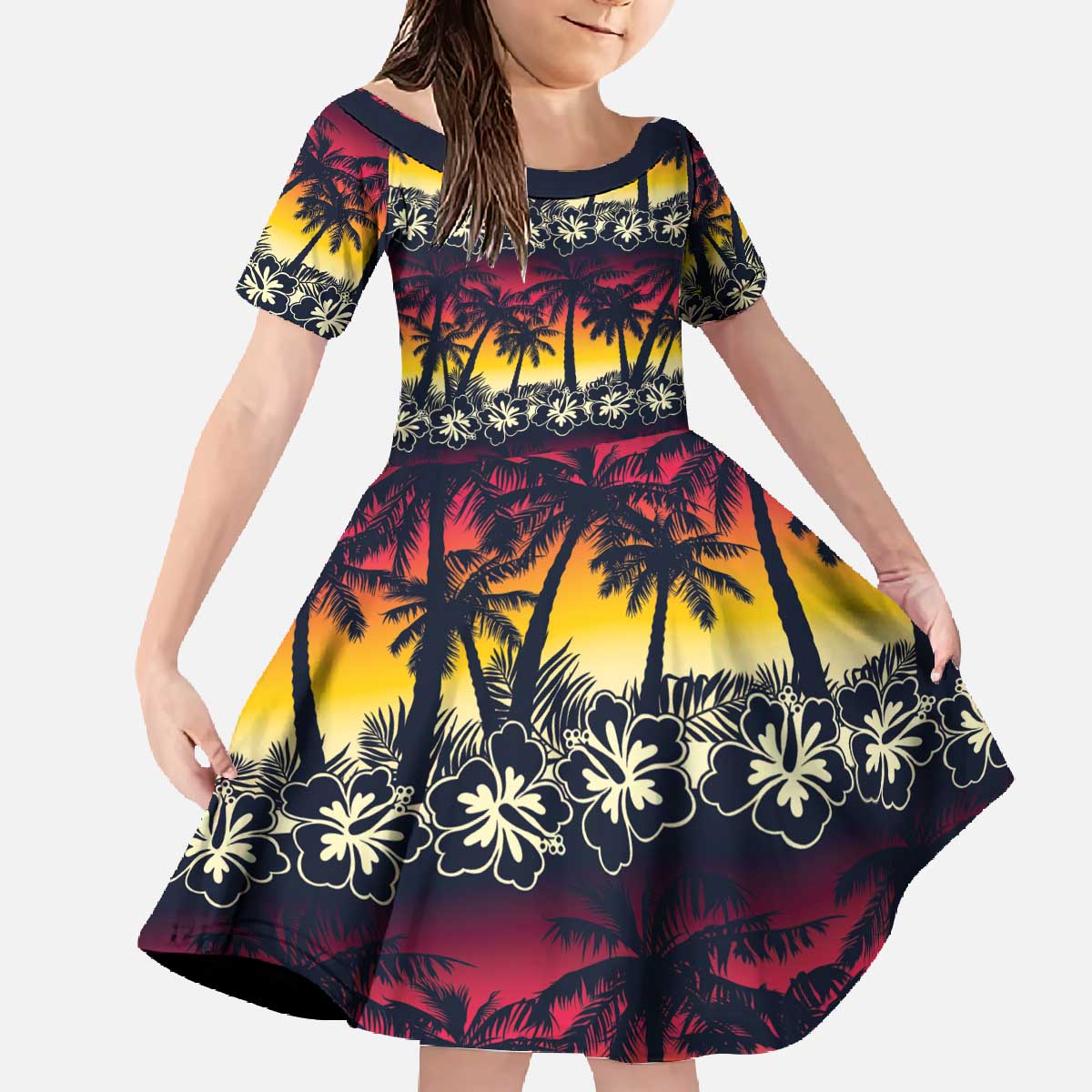 Hawaii Hibiscus Palm Tree Sunset Family Matching Off The Shoulder Long Sleeve Dress and Hawaiian Shirt Tropical Style - Polynesian Pride