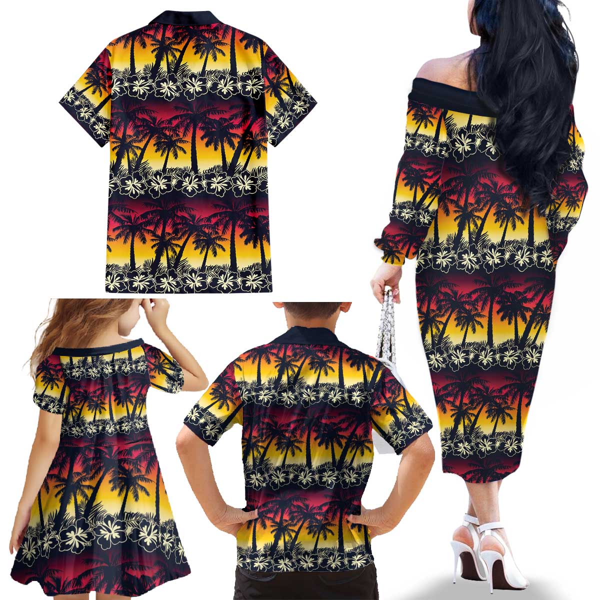 Hawaii Hibiscus Palm Tree Sunset Family Matching Off The Shoulder Long Sleeve Dress and Hawaiian Shirt Tropical Style - Polynesian Pride