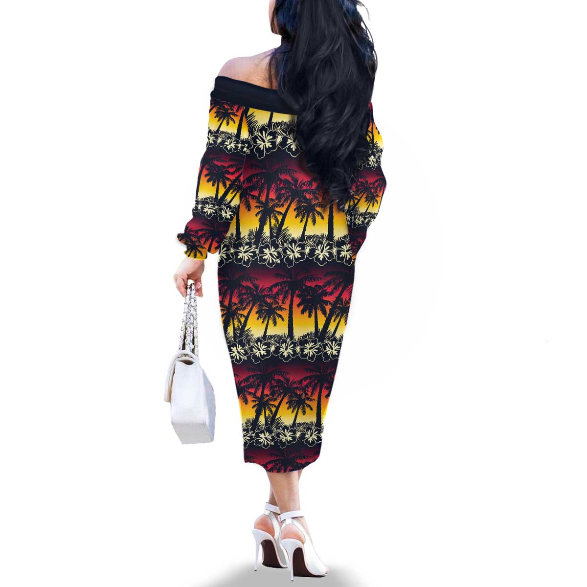 Hawaii Hibiscus Palm Tree Sunset Family Matching Off The Shoulder Long Sleeve Dress and Hawaiian Shirt Tropical Style - Polynesian Pride