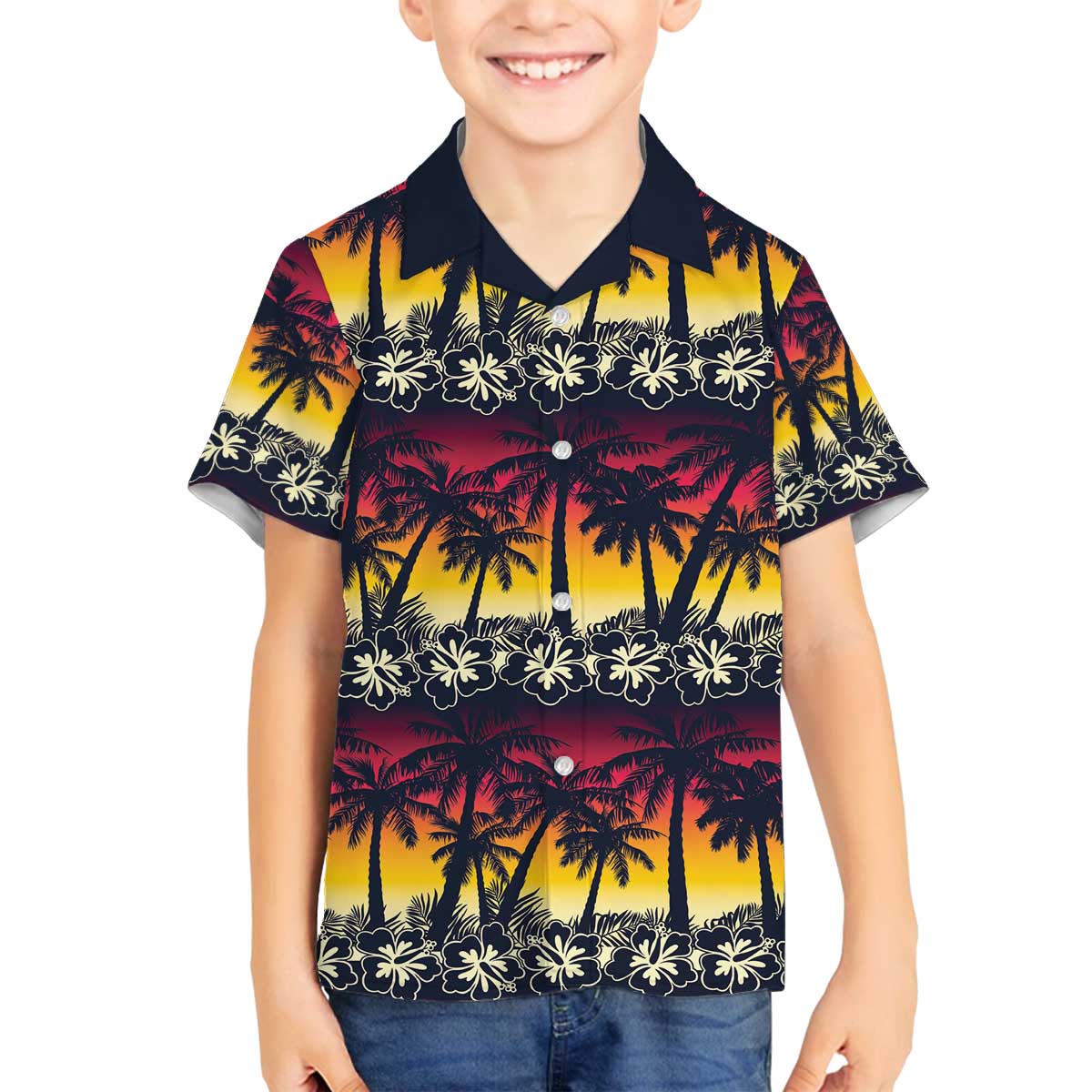 Hawaii Hibiscus Palm Tree Sunset Family Matching Off The Shoulder Long Sleeve Dress and Hawaiian Shirt Tropical Style - Polynesian Pride