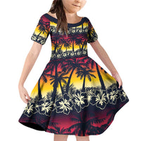 Hawaii Hibiscus Palm Tree Sunset Family Matching Off Shoulder Short Dress and Hawaiian Shirt Tropical Style - Polynesian Pride