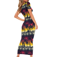 Hawaii Hibiscus Palm Tree Sunset Family Matching Short Sleeve Bodycon Dress and Hawaiian Shirt Tropical Style - Polynesian Pride